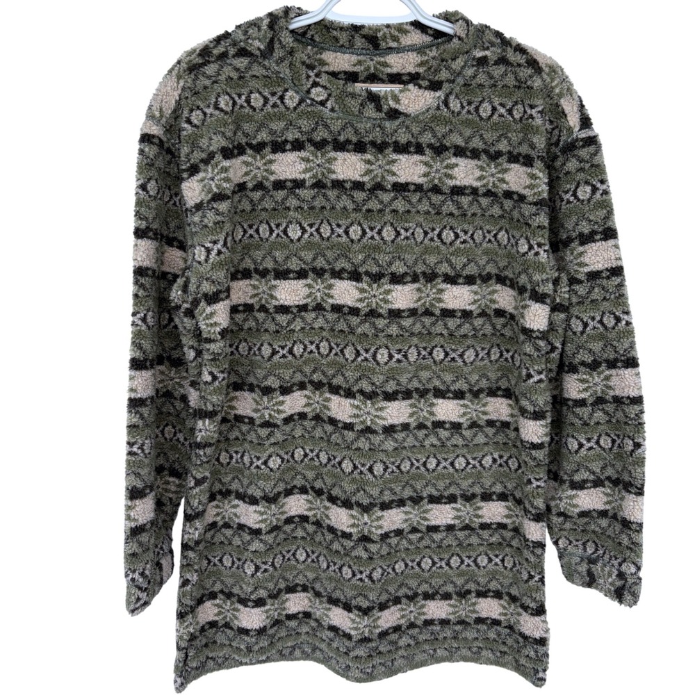 Woolrich Fleece Sweatshirt Mens Small‎ Outdoor Fair Isle Striped Green Sweater